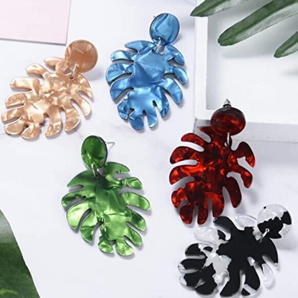 Three Piece Resin Leaves Dangle Fashion Earrings - Picture 4 of 5